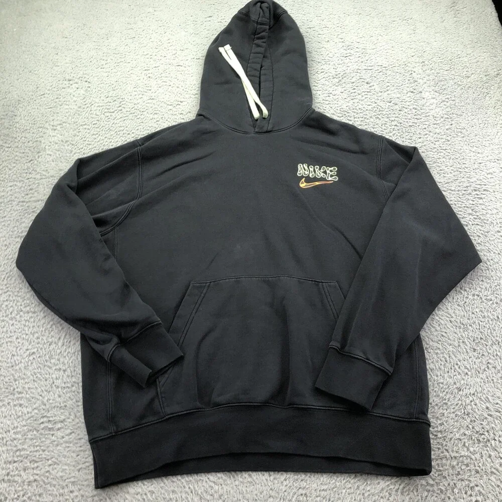 Nike Hoodie Mens Large Black Pullover Fleece Sweatshirt Smiley Logo Back Graphic